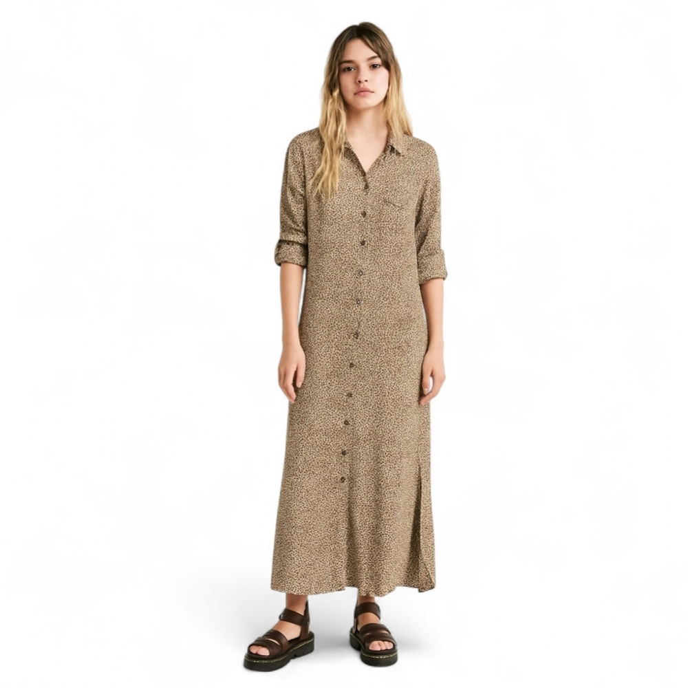 Vici Cheetah Shirt Dress Sz M Maxi Length Fall Style Roll Tab Sleeves